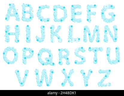 Alphabet of soap bubbles. Water suds letters. Cartoon vector font isolated on white background Stock Vector