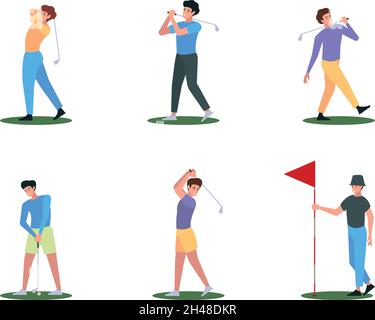 Golf players. Sport characters golf premium activities recreation persons flag white ball garish vector people in flat style Stock Vector