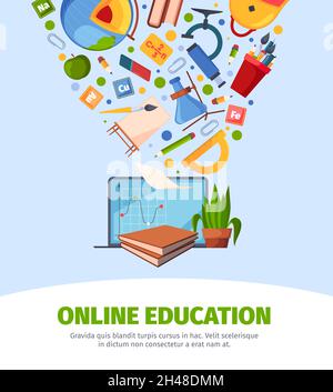 Education poster. Back to school promotional placard with education symbols backpack digital devices notebooks papers pencils for students Stock Vector