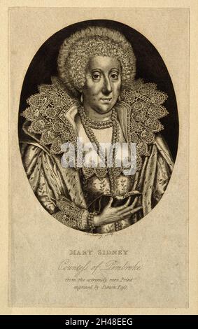 Mary Sidney Herbert, Countess of Pembroke. Line engraving by B. Reading after S. van der Passe. Stock Photo