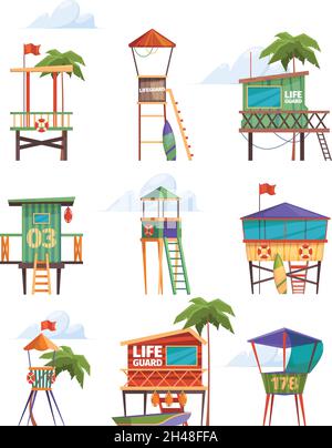 Modern beach buildings. Beach lifeguard towers on the seaside security station garish vector flat pictures set isolated Stock Vector