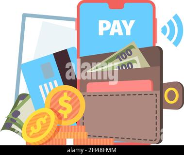 Online wallet concept. Phone contactless pay, purse with cash money on smartphone screen vector illustration Stock Vector