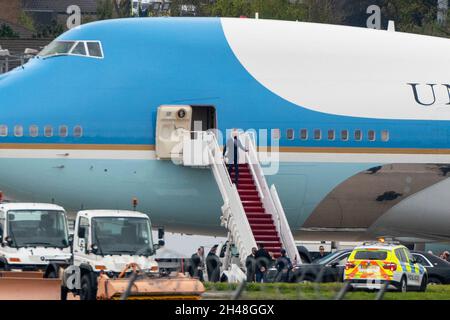 Edinburgh, Scotland, UK. 1st November 2021.  US President Joe Biden arrives at Edinburgh Airport on Air Force One to attend COP26 Climate Change Conference in Glasgow. President Biden walks down stairs of Air Force One.  Iain Masterton/Alamy Live News. Stock Photo