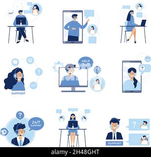 Phone talk persons. Customers service dialogue service center distance speaking helping clients recent vector flat characters pictures Stock Vector
