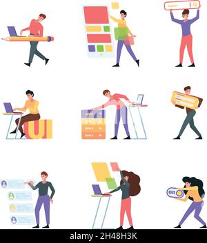 Designers interfaces. Web programmers and builders making ui holding frames of user interface creative workers professional artists garish vector flat Stock Vector