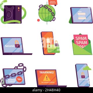 Cyber secure icons. Password protection online locks secure frames digital symbols garish vector flat illustrations Stock Vector