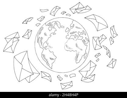 Mail fly around globe earth graphic black white isolated sketch illustration vector Stock Vector