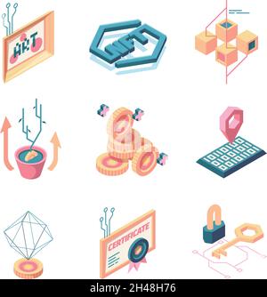 Nft. Innovation secure digital safety systems crypto art electronic paints garish vector illustrations in isometric style Stock Vector