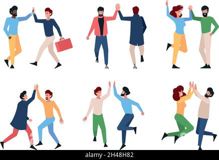 High five people. Happy persons friendship hands gestures garish vector illustrations characters emotions relationships Stock Vector