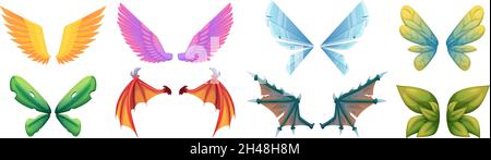 Mythology wings. Fantasy flying creatures monsters medieval fairy tale dragons or birds body parts big colored wings exact vector cartoon collection Stock Vector