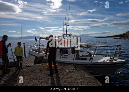 Sea Angling in Iceland. Imposing Drangey Island off the coast of Iceland Stock Photo