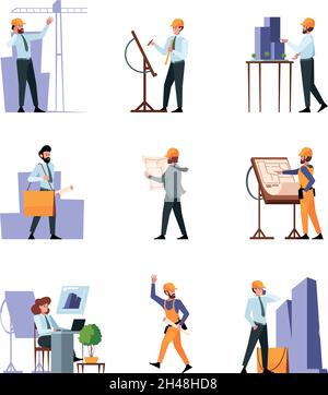 Architects. Industrial building architectural project workers builders and engineers talking garish vector people standing concept pictures Stock Vector