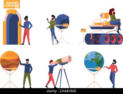 Planetarium. Space universe education museum interior solar system science innovation garish vector characters in flat style Stock Vector