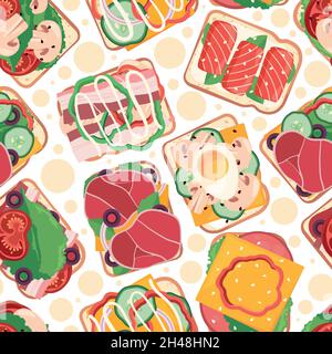 Sandwiches pattern. Healthy natural snack with vegetables on bread slices breakfast food vegetarian meal garish vector seamless background Stock Vector