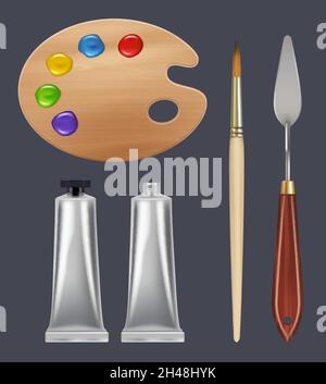 Tools for artists. Oil paint tubes palette with colors pencils brushes splashes craft office supplies decent vector realistic collection Stock Vector