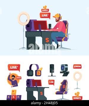 Streamers. Gamepad keyboard computer gadgets for bloggers gamers professional streamers in social network garish vector flat pictures Stock Vector