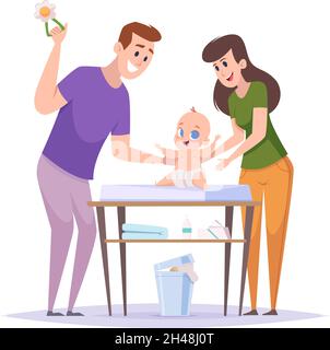 Parents new born baby. Mother and father changing kids diapers parents kids caring exact vector love family characters in cartoon style Stock Vector