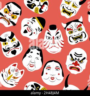 Japanese mask pattern. Authentic tattoo art colored pictures theatrical woman faces masks of fox and wolf portraits asian girl recent vector seamless Stock Vector