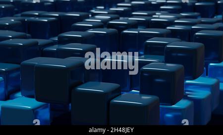 Closeup of metallic blue 3d cubes abstract background. Gloss, glare on squares Stock Photo