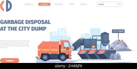 Waste recycling landing. Industry cleaning from garbage separated plastic waste industry vehicle garish vector web page templates Stock Vector