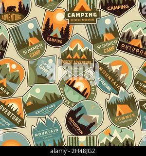 Camp badges pattern. Exploring logo for scouts outdoor adventure forest and mountains recent vector seamless background Stock Vector