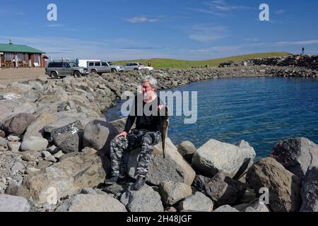 Sea Angling in Iceland. Imposing Drangey Island off the coast of Iceland Stock Photo