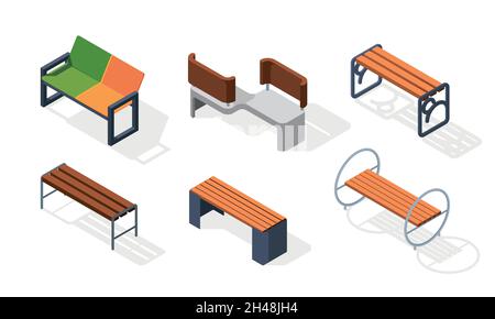 Urban benches isometric. Outdoor city decoration wooden square comfort furniture garish vector 3d illustrations Stock Vector