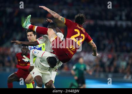 Nicolo' Zaniolo of Roma falls on the ground while fighting for the ball  with Adrien Rabiot during the Italian championship Serie A football match  between AS Roma and Juventus on January 12,