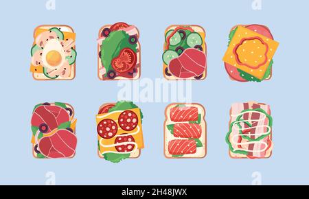 Healthy sandwiches. Natural snacks with various food vegetables cheese tomato salad piece of breads garish vector flat pictures collection Stock Vector