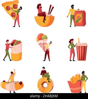 People and junk food. Characters holding big trash food pizza hotdogs hamburgers donuts drinks garish vector lifestyle persons Stock Vector