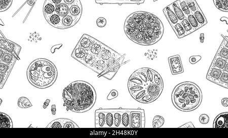 Sketch asian food pattern. Delicious pasta, chinese and japanese cuisine vector seamless texture Stock Vector