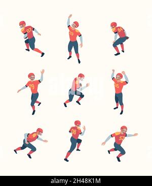 American football players. Isometric persons with ball in dynamic poses sport people playing standing holding running jumping garish vector 3d Stock Vector