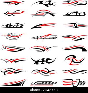 Vehicle stripes. Racing cars stylized flame and geometrical shapes decal badges or stickers for motor club recent vector templates Stock Vector