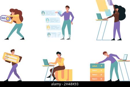 Building interfaces. Web artists and programmers designers making creative ui pages frames drawing app garish vector creative agency characters Stock Vector