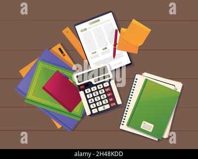 Business desk top view. Cover of books paper folder and other manager acessories pencil marketing design project garish vector illustrations Stock Vector