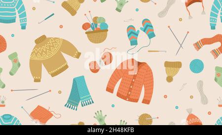 Knitting pattern. Handmade clothes, sweaters, winter hat and scarf. Knit accessories and tools, wool threads vector seamless pattern Stock Vector