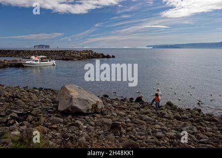 Sea Angling in Iceland. Imposing Drangey Island off the coast of Iceland Stock Photo