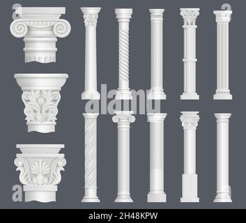 Antique columns. Vintage ancient facade decoration renaissance style ornamental pillars architectural interior objects decent vector realistic Stock Vector