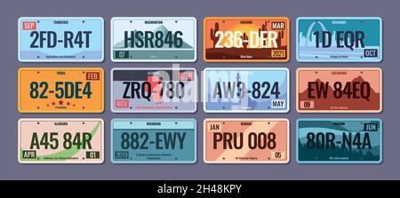 Car plates. Steel vehicle license numbers for usa regions colorado america texas info schemes with numbers and letters garish vector picture templates Stock Vector