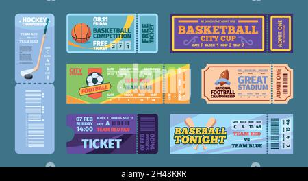 Sport tickets. Football hockey action events invitation templates flyers and tickets garish vector designs collection Stock Vector