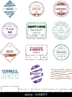 Grunge stamp. Postal round frames pattern blank stripped lines for stamps garish vector templates Stock Vector
