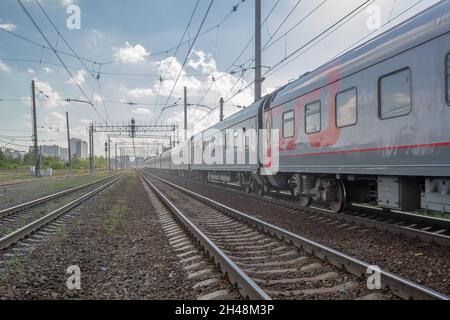 03.09.2016. Russia. Moscow. Railways. Fast passenger train cars on the tracks. Stock Photo