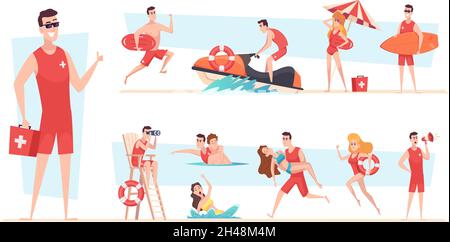 Beach lifeguards. Kids spend good safety time on the summer beach sea or ocean recreation works exact vector lifeguard characters Stock Vector
