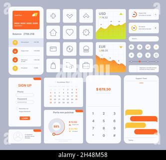 Web ui templates. User kit digital infographic elements dividers search bar frames buttons slider preview icons navigation symbols garish vector Stock Vector