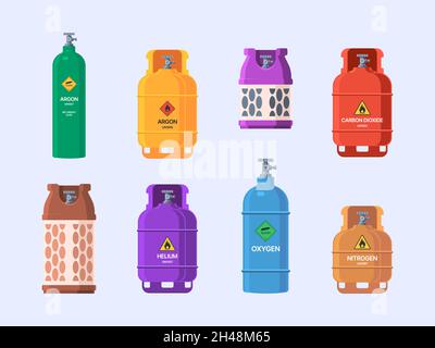 Gas tanks. Oil industry steel cylinder with valves refilling garish vector illustrations isolated Stock Vector