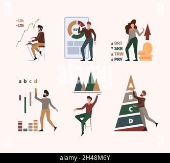 Benchmark. Stylized characters with marketing graph company strategy compare business diagram garish vector flat illustrations Stock Vector