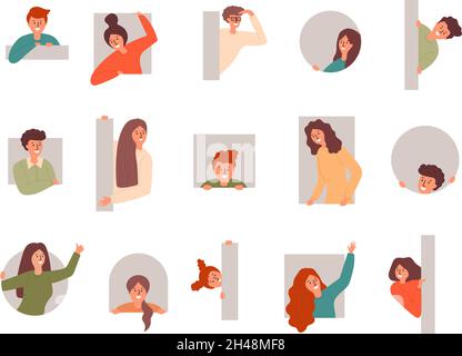 Peeping people. Characters looking out various frames cheering curious recent vector cartoon persons Stock Vector