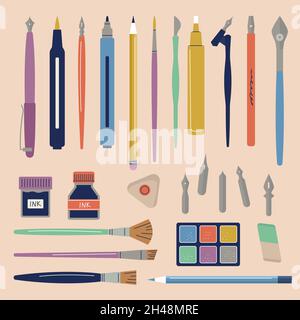 Artist tools. Pen brushes pencils markers liquid paint for craft calligraphic works professional stationery kit writers recent vector flat Stock Vector