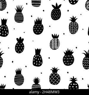 Black pineapple pattern. Doodle abstract pineapples decorative seamless texture. Fruits vector print Stock Vector