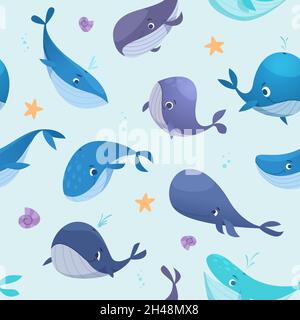 Whales pattern. Textile template pictures with underwater wild animals big blue whales exact vector seamless background in cartoon style Stock Vector